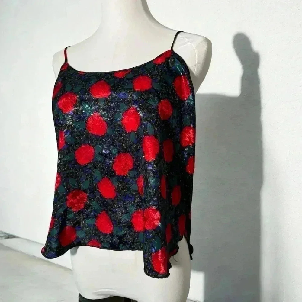 Vintage red rose satin cami M coquette goth